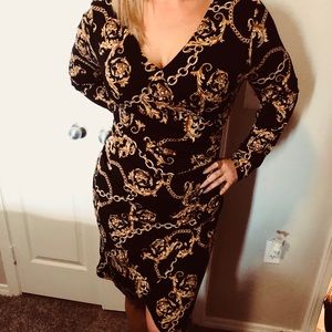 Thalia Sodi Black and Gold Wrap Dress Size L